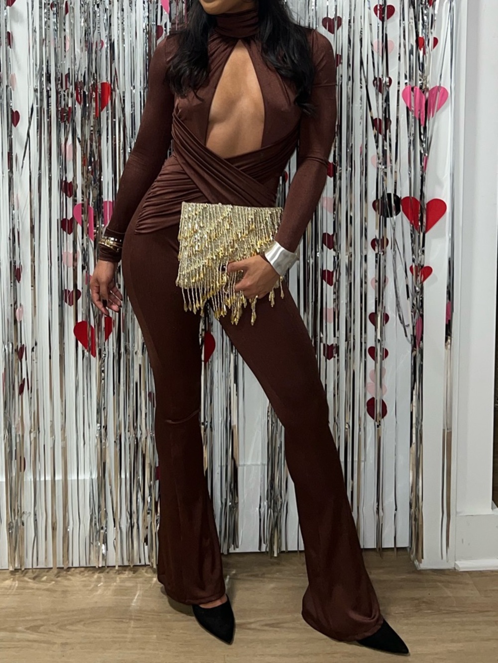 Michael Costello Chocolate Brown Plunge Cutout Wide-Leg Jumpsuit - Picture 5 of 5
